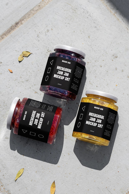 Realistic food packaging mockup featuring multiple preserve jars