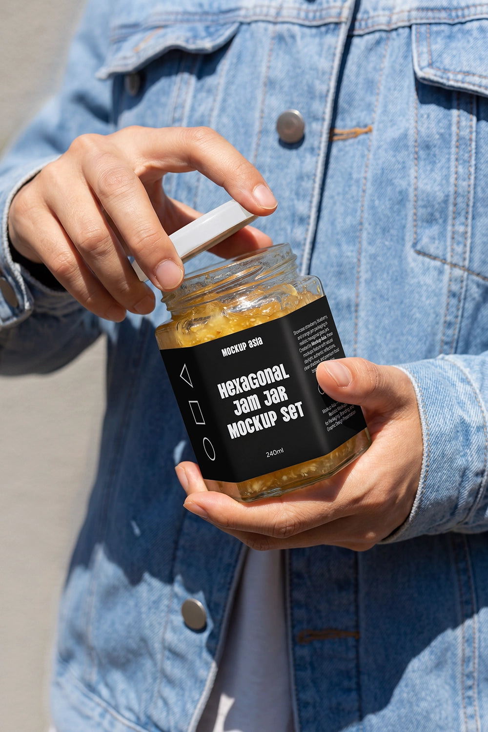 Realistic glass preserve jar mockup in consumer-use lifestyle scene