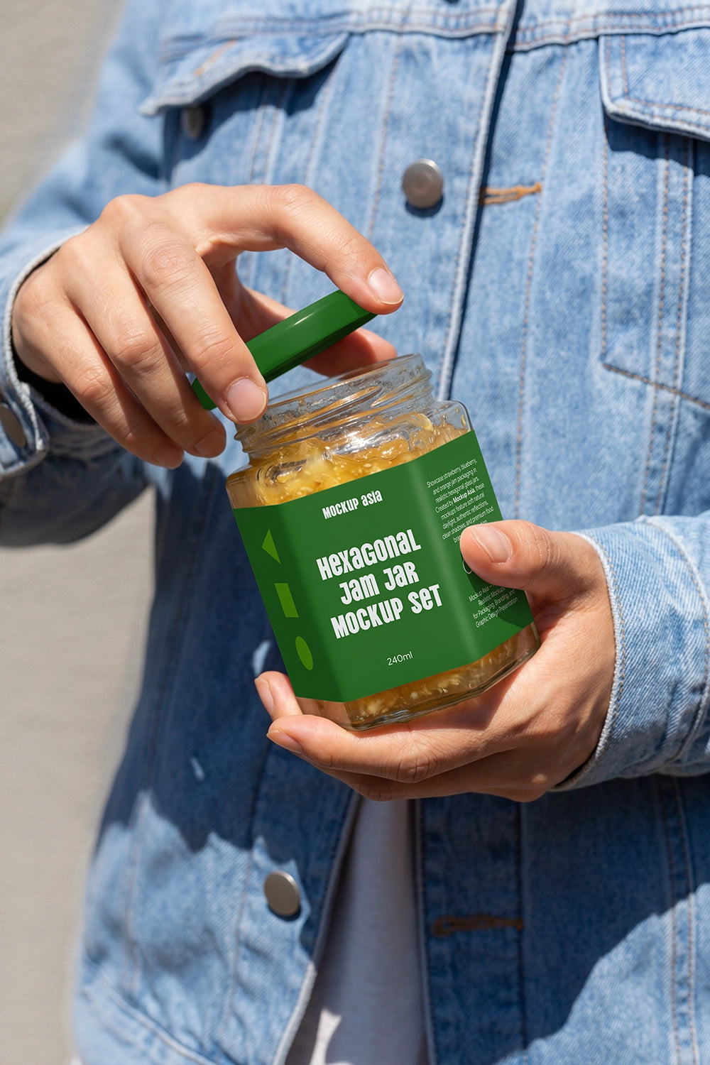 Hexagonal food packaging mockup featuring opening lid action