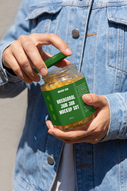 Hexagonal food packaging mockup featuring opening lid action