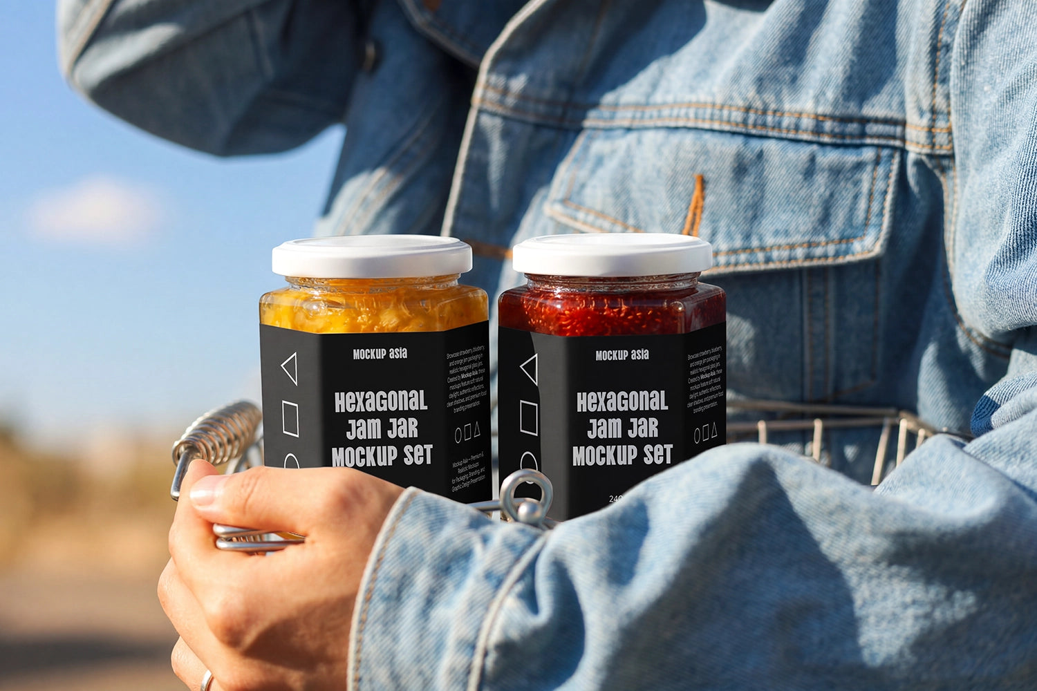 Realistic glass preserve jar mockup duo in outdoor lifestyle scene