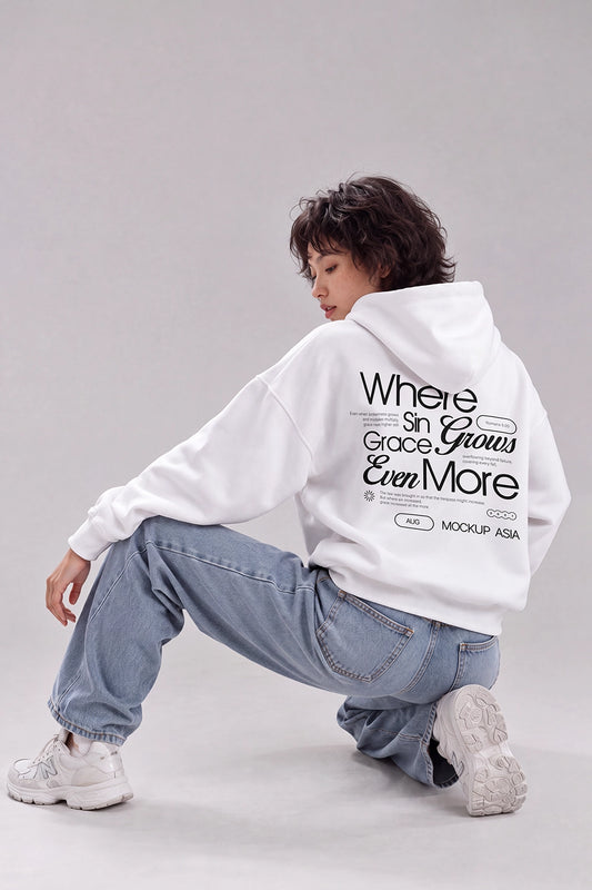 Hoodie back mockup PSD showing a white oversized hoodie