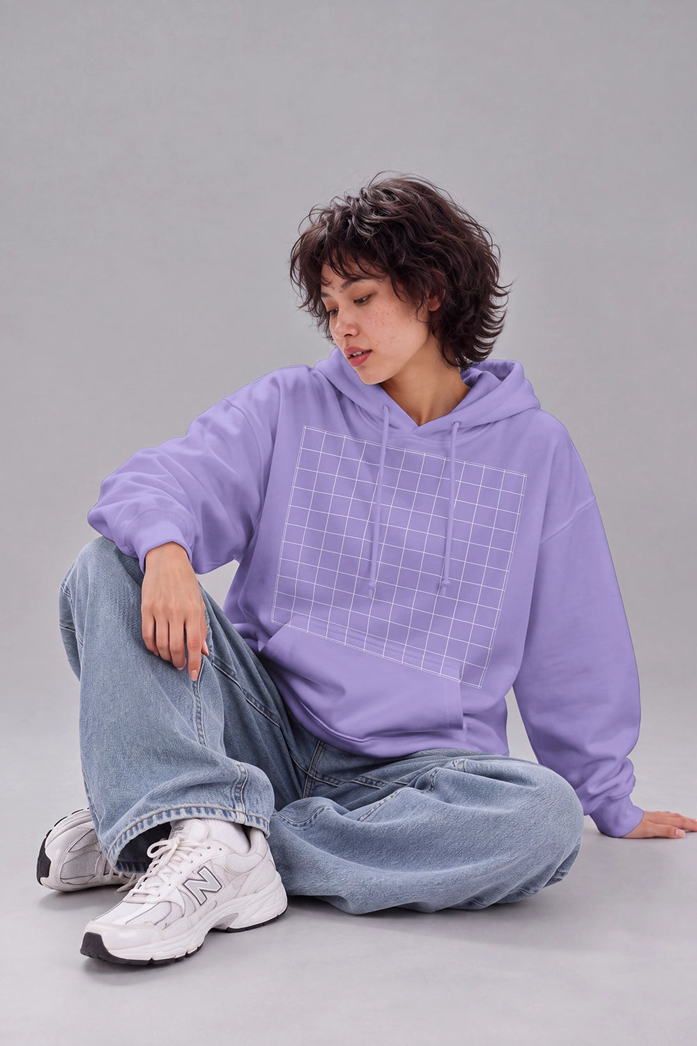 Fashion hoodie mockup with model wearing white sweatshirt and jeans