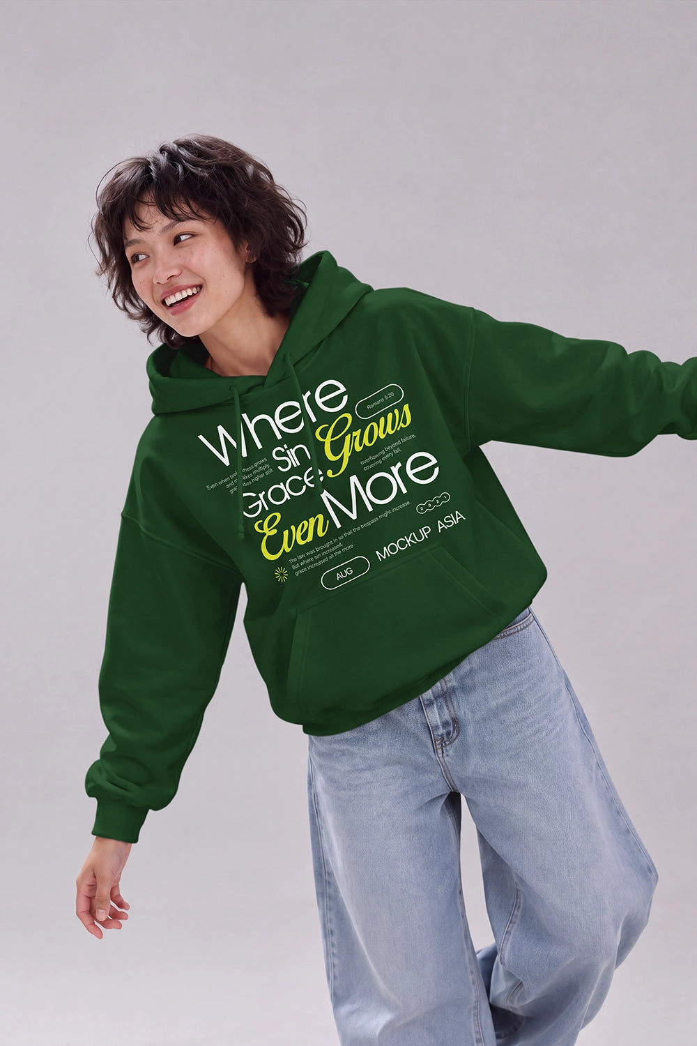 Realistic white hoodie clothing mockup with female model