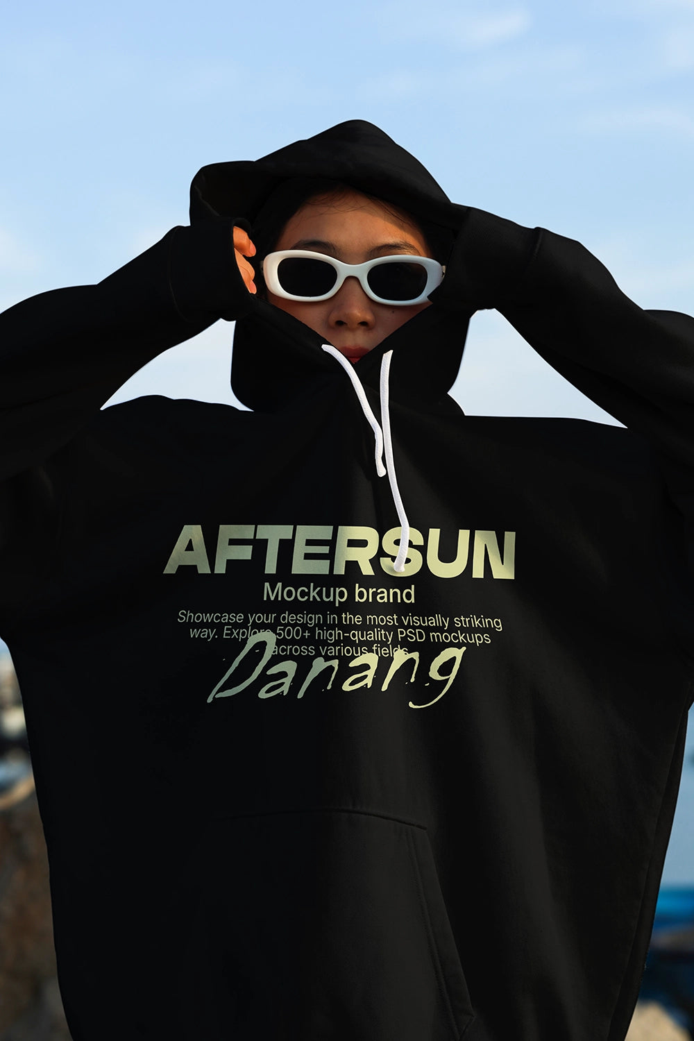 minimal hoodie mockup front view with natural light and lifestyle outdoor setting