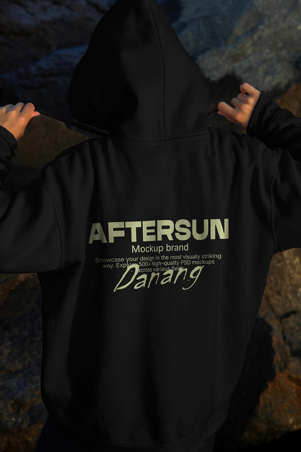 minimal hoodie mockup back view with natural light and outdoor texture branding presentation
