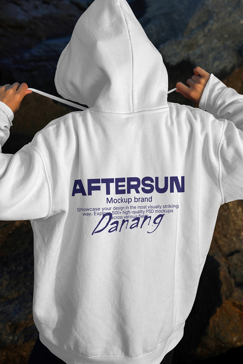 hoodie mockup on model back view with natural sunlight and realistic shadow outdoor scene