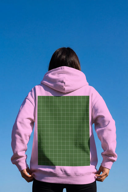 apparel mockup hoodie back view with grid print area and natural sunlight