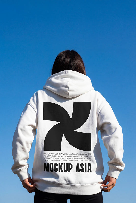 hoodie mockup back view on model with large print area and blue sky background