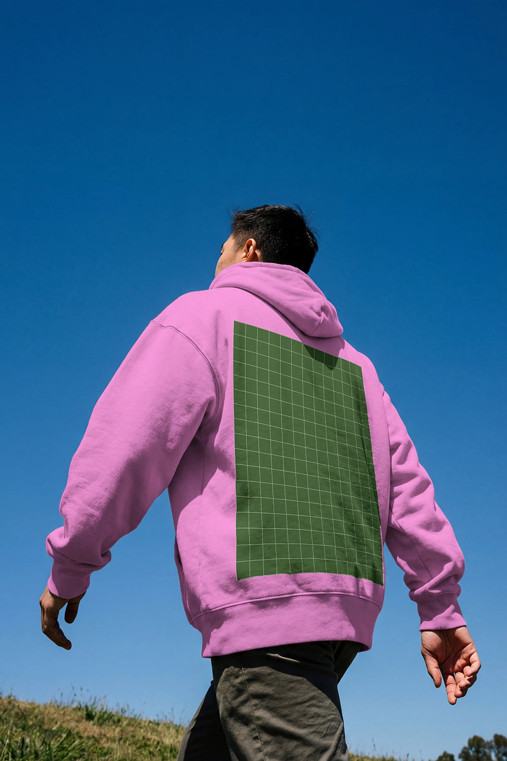 apparel hoodie mockup back view with natural lighting and outdoor lifestyle scene