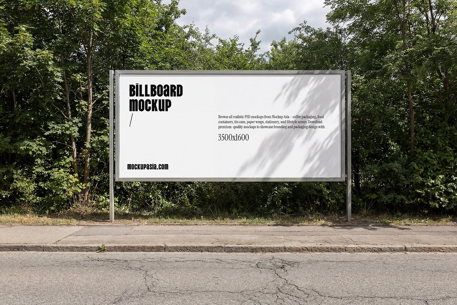 wide roadside billboard mockup with forest background and natural sunlight shadows