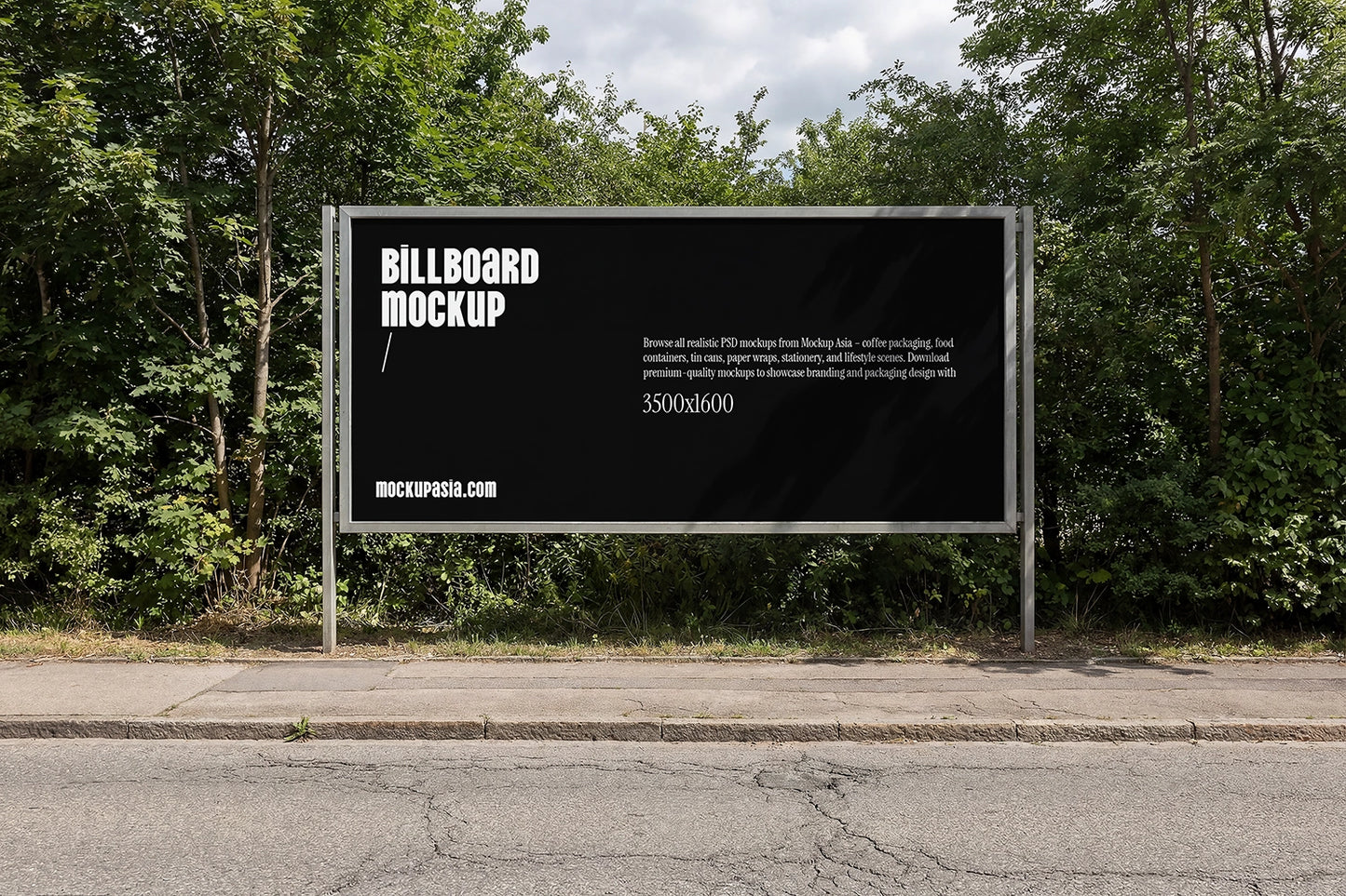 realistic outdoor billboard mockup with horizontal layout and greenery environment