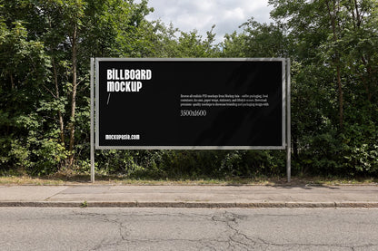 realistic outdoor billboard mockup with horizontal layout and greenery environment