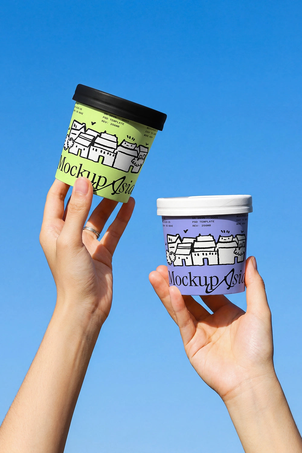 Paper ice cream packaging mockup with realistic hands and blue sky background