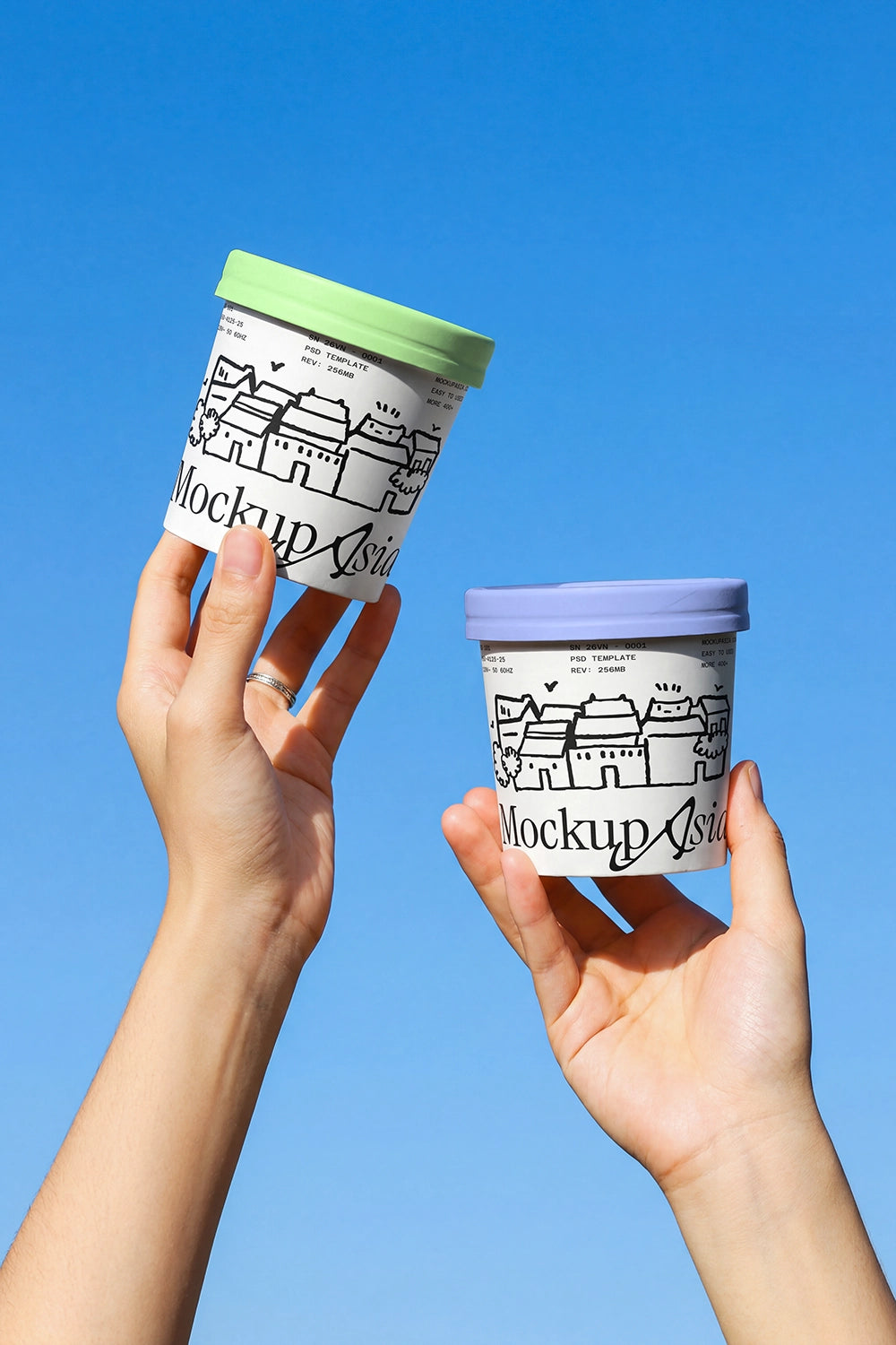 Realistic ice cream cup mockup with handheld packaging presentation