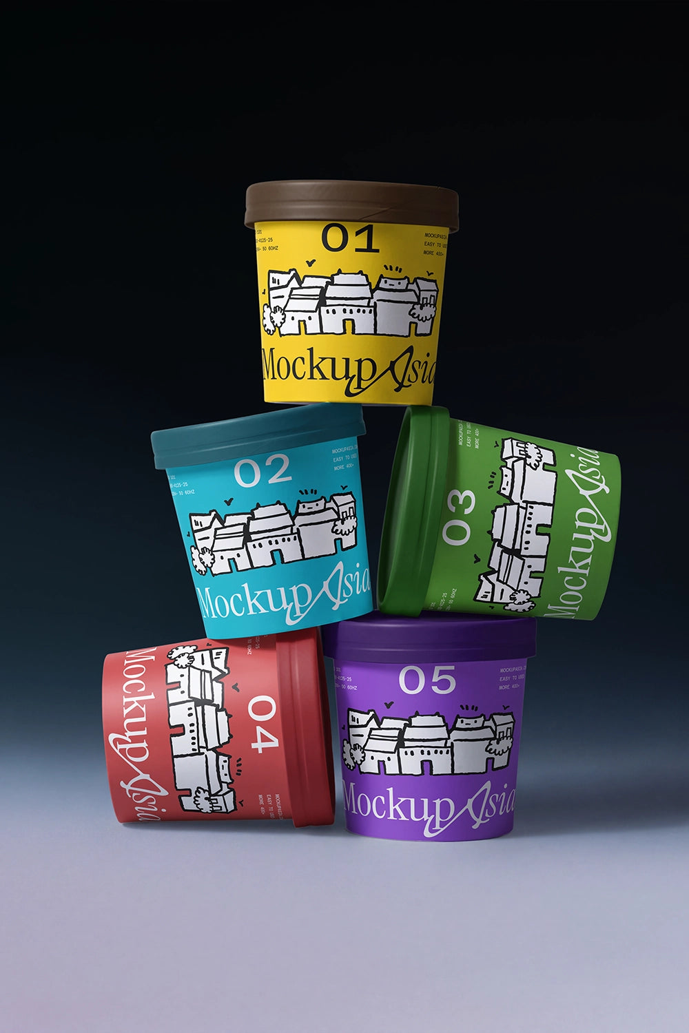 Five paper ice cream cups PSD mockup with dynamic stacked composition