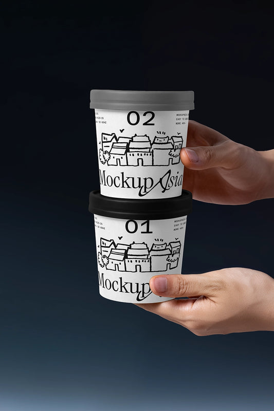 Handheld ice cream cup mockup with stacked dessert packaging design