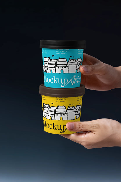 Realistic paper ice cream cup PSD mockup with human hand interaction
