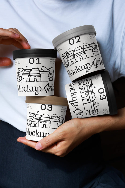Colorful ice cream cup mockup with realistic handheld dessert packaging