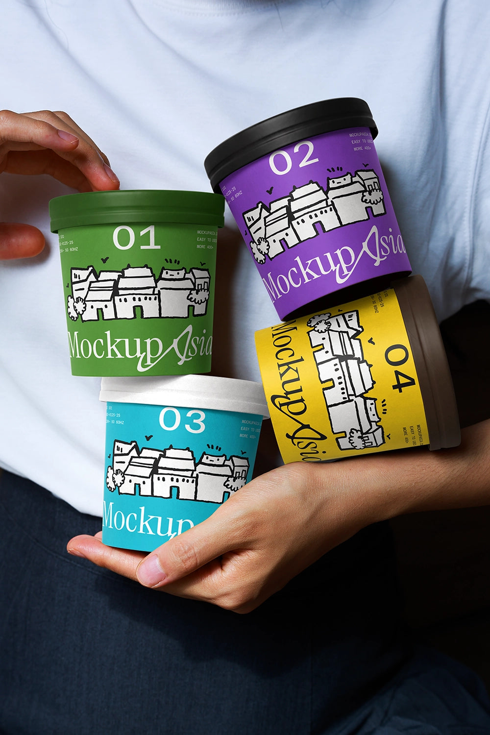 Paper dessert cup PSD mockup with vibrant lids and stacked composition