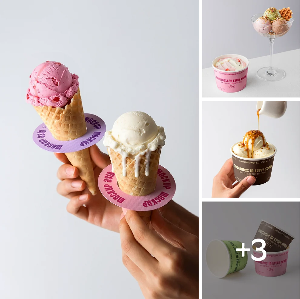 Ice-cream mockup bundle by Mockup.Asia featuring realistic ice-cream cone and cup designs for product presentation.