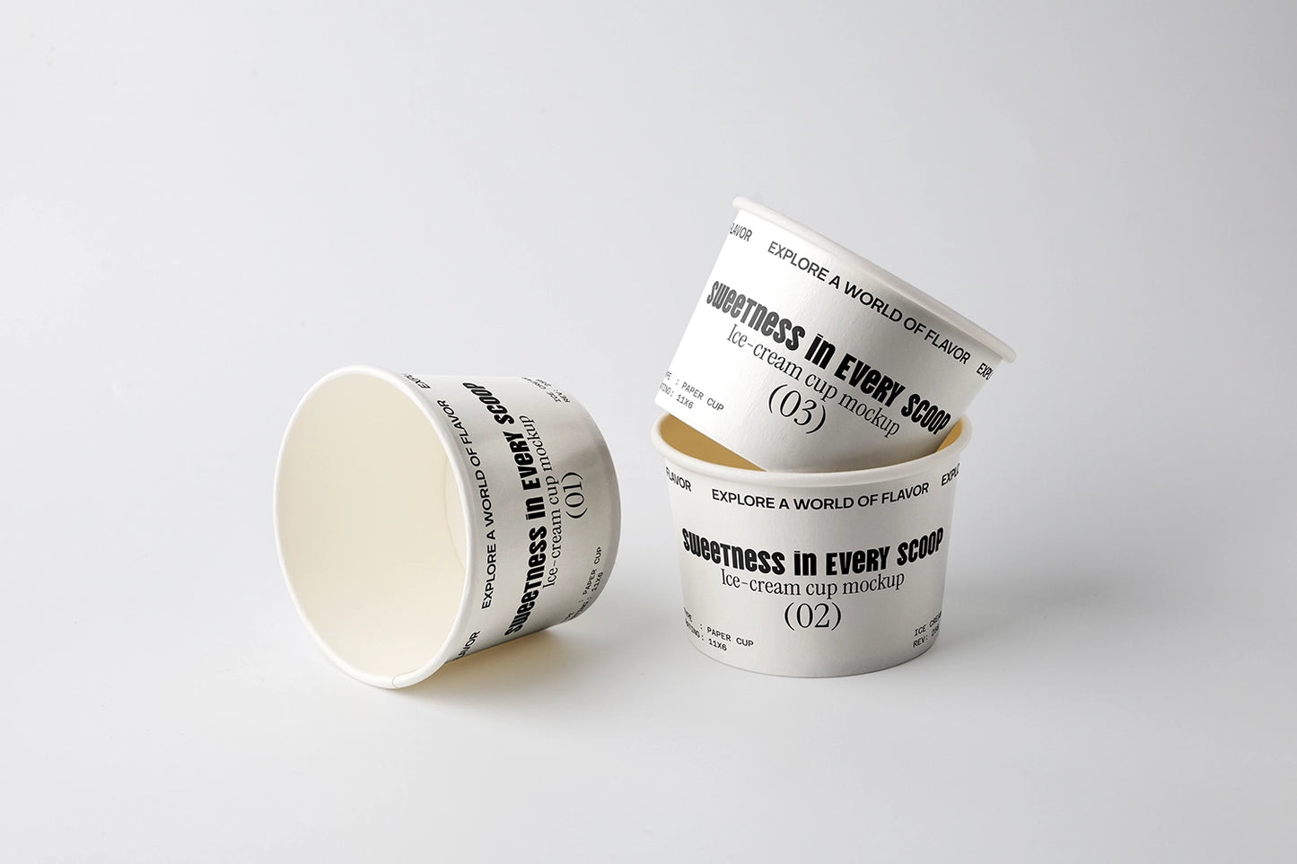 Ice cream cup mockup set with three paper cups stacked and minimal studio background