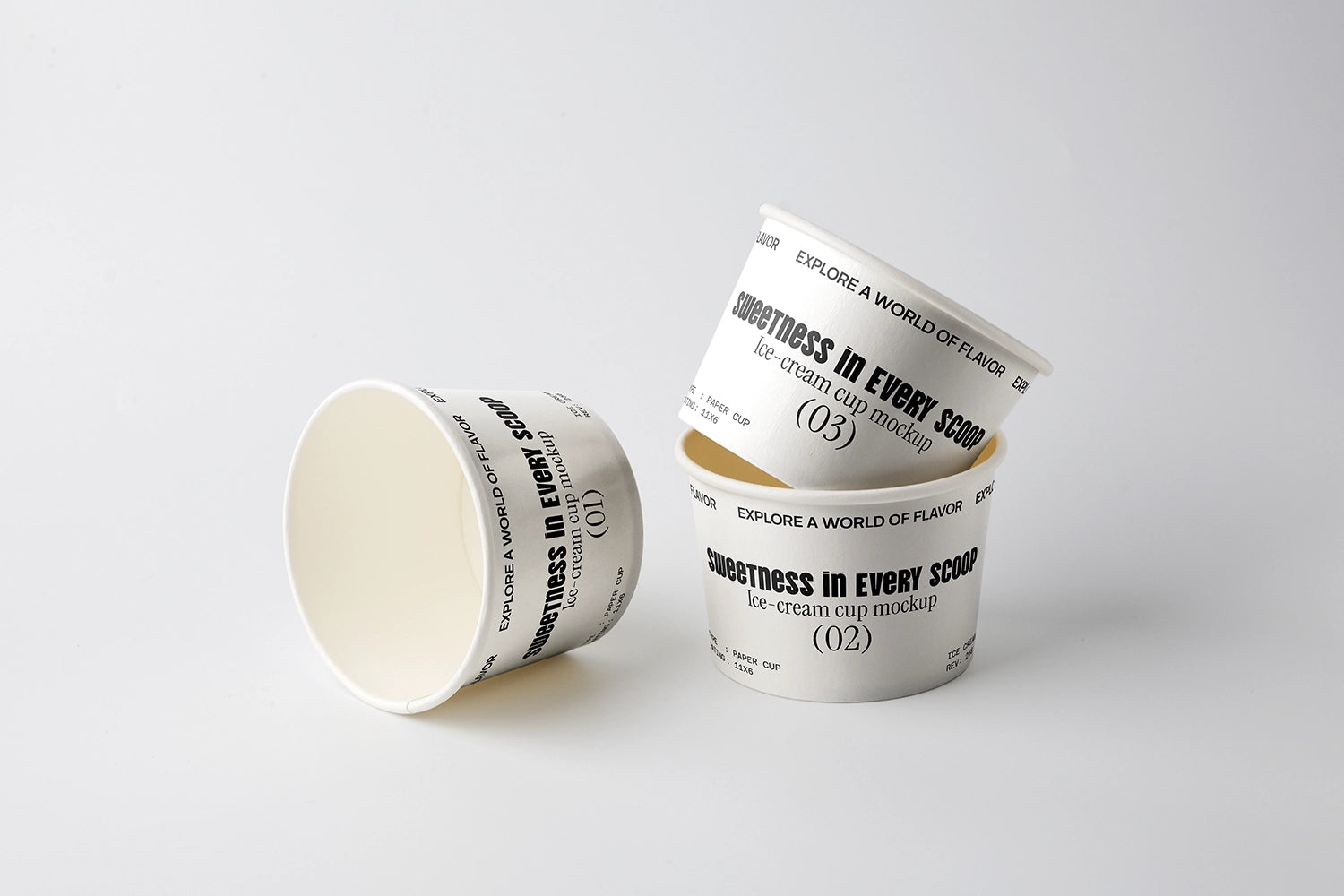 Ice cream cup mockup set with three paper cups stacked and minimal studio background