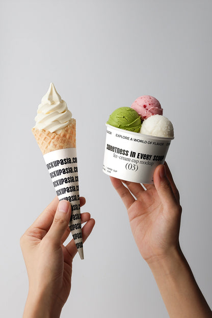Ice cream mockup with cone and paper cup held in hands on minimal background