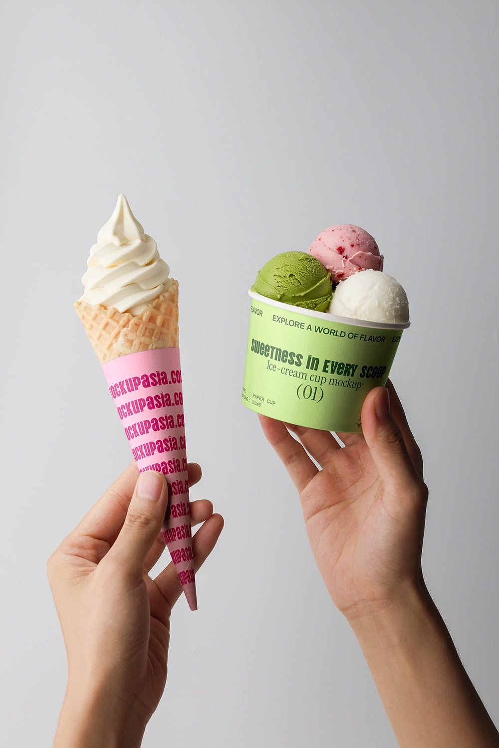 Ice cream packaging mockup with waffle cone and multi scoop cup branding design
