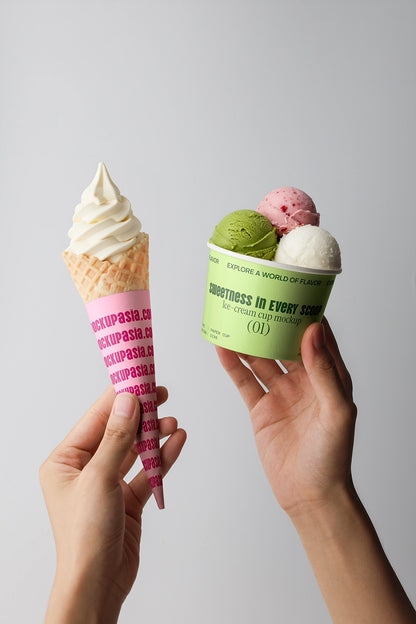 Ice cream packaging mockup with waffle cone and multi scoop cup branding design
