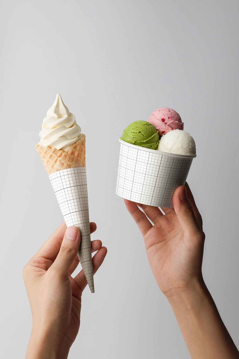 Dessert branding mockup with ice cream cone and cup in hand lifestyle presentation