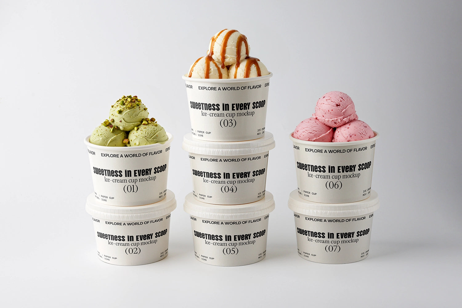 Ice cream cup mockup set with multiple stacked cups and different scoop flavors