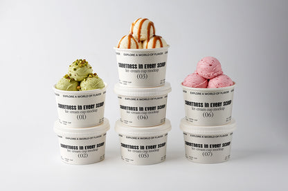 Ice cream cup mockup set with multiple stacked cups and different scoop flavors
