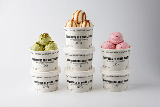 Ice cream cup mockup set with multiple stacked cups and different scoop flavors