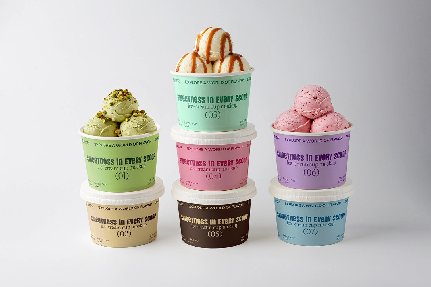 Ice cream packaging mockup collection with pistachio, vanilla caramel and strawberry scoops