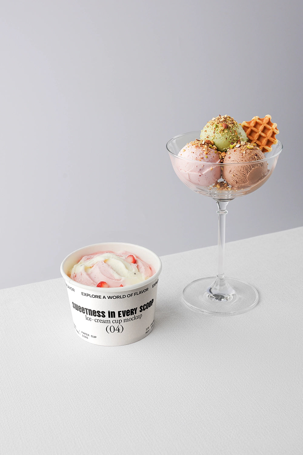 Ice cream cup mockup with dessert glass bowl and multiple scoop flavors minimal background