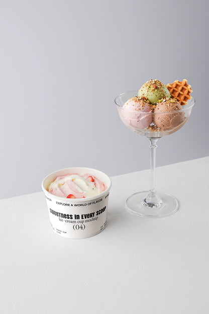 Ice cream cup mockup with dessert glass bowl and multiple scoop flavors minimal background