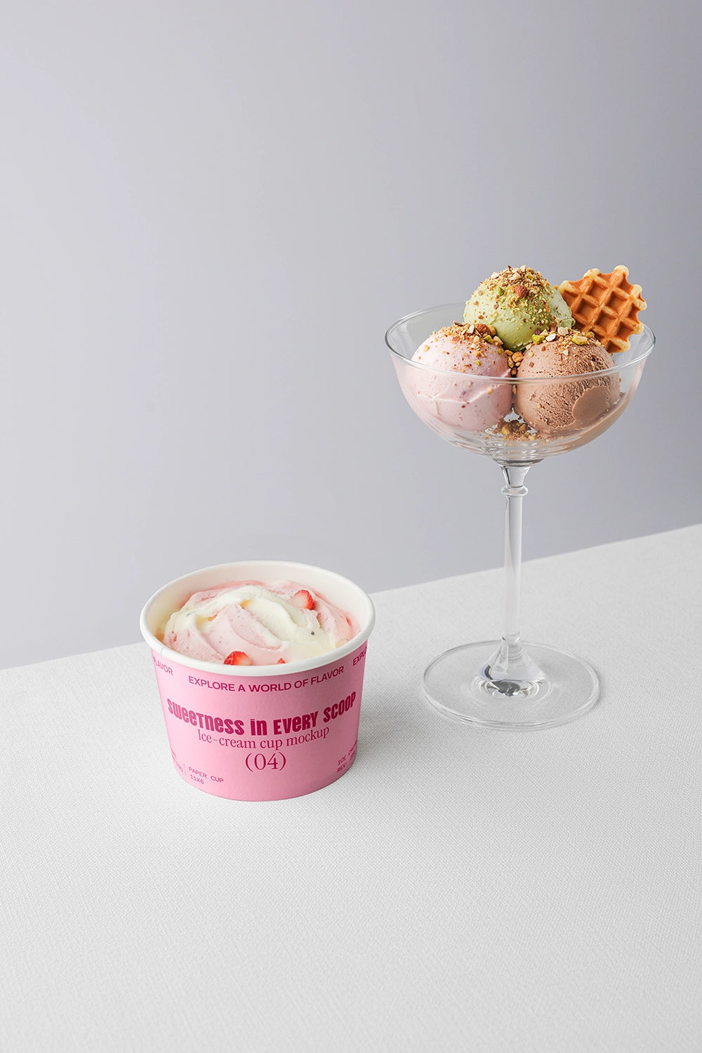 Dessert packaging mockup with ice cream cup and glass serving bowl aesthetic composition