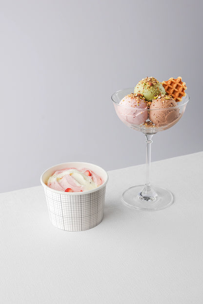 Ice cream branding mockup with cup and sundae glass featuring mixed flavor scoops