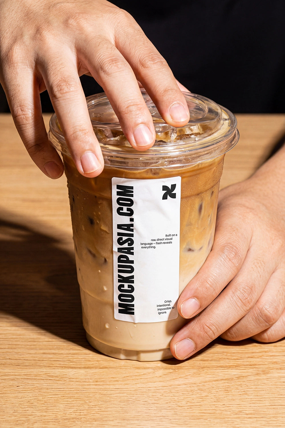 iced coffee cup mockup with label plastic cup high contrast flash lighting