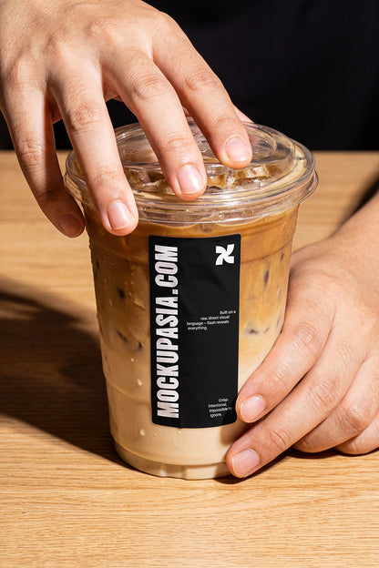 takeaway iced coffee mockup with hands placing lid and bold flash shadows