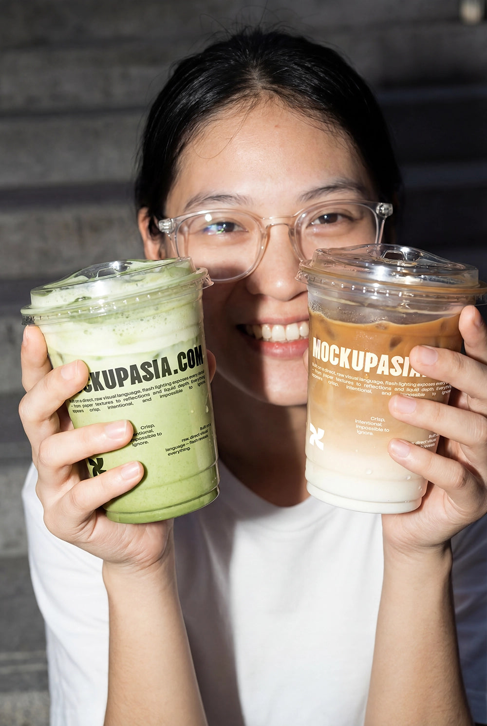 beverage cup mockup coffee and matcha with lifestyle model high contrast flash lighting