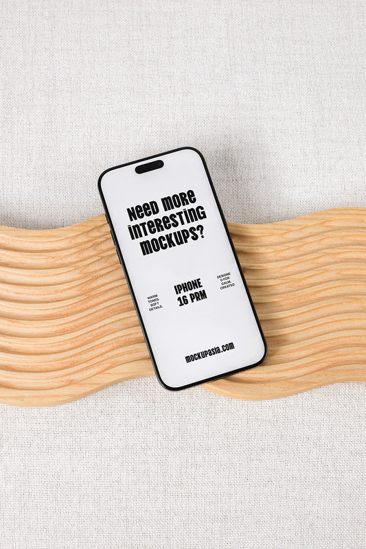 smartphone mockup on wooden surface with fabric background and minimal design