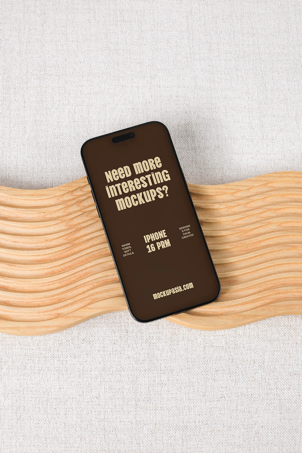 realistic iphone mockup with tilted angle on wood and soft neutral lighting