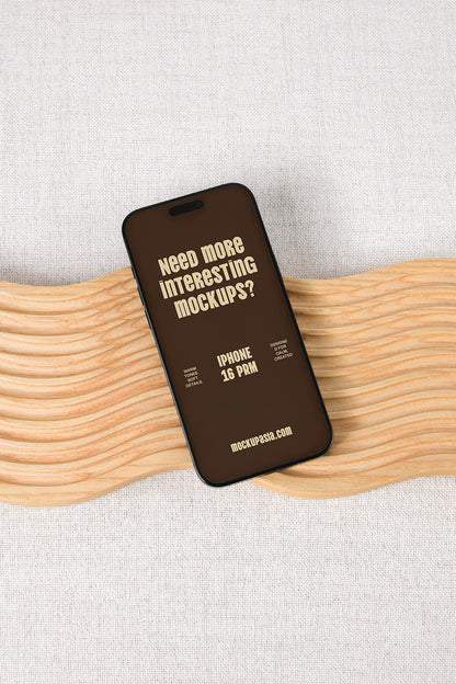 realistic iphone mockup with tilted angle on wood and soft neutral lighting