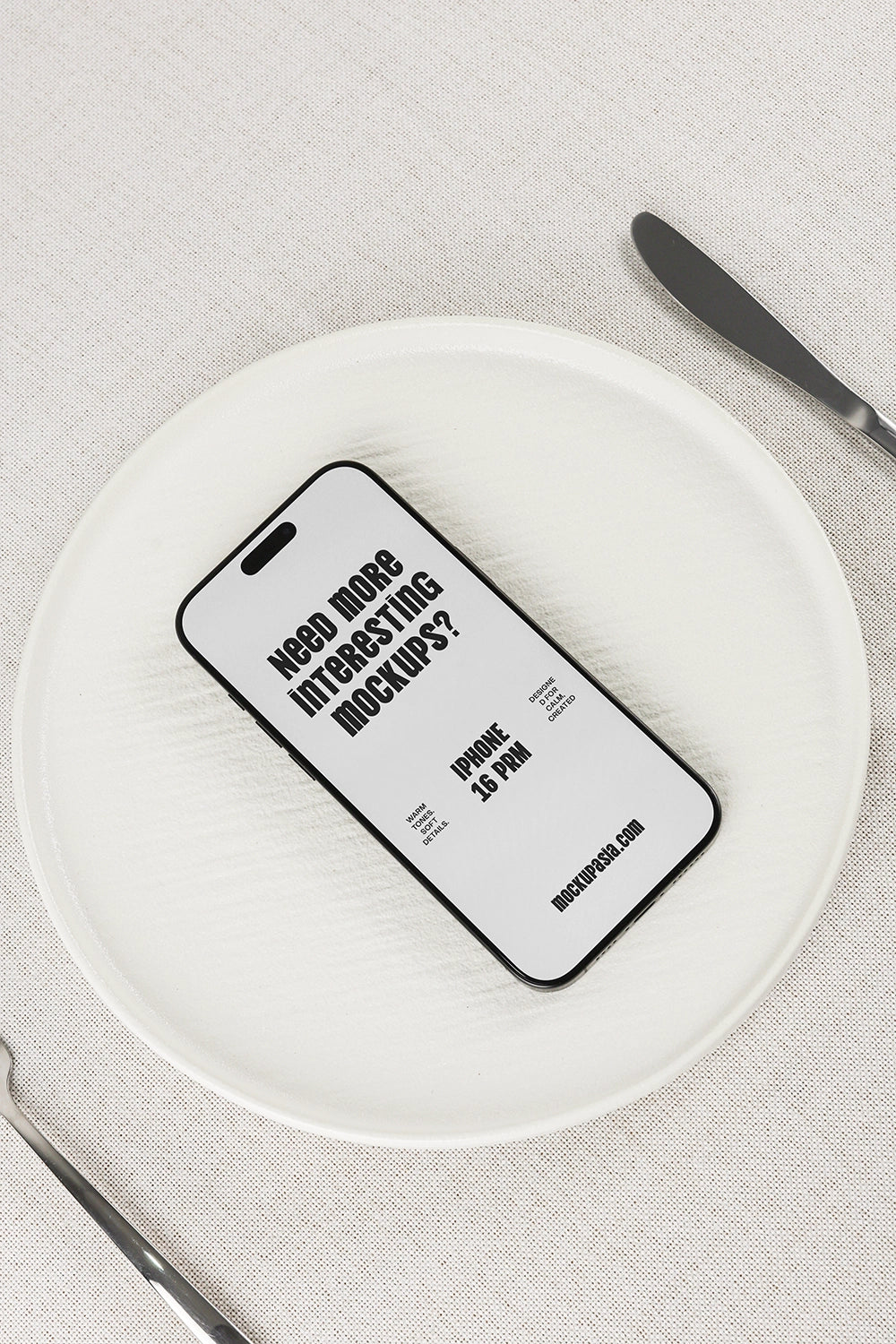 mobile device mockup placed on plate with minimal aesthetic and soft lighting