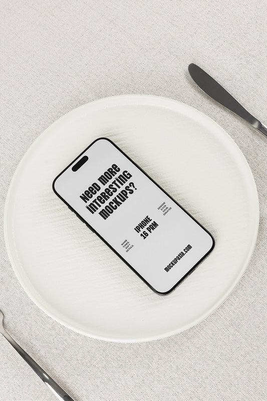 mobile device mockup placed on plate with minimal aesthetic and soft lighting