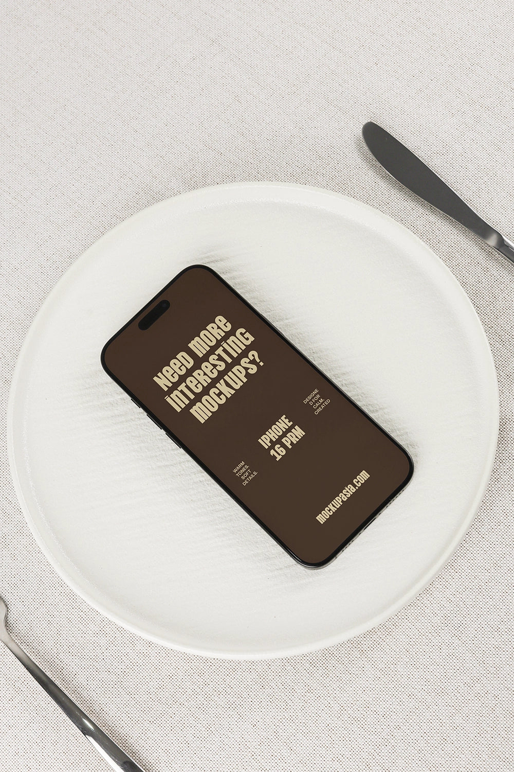 realistic phone mockup with grid screen on ceramic plate and clean background