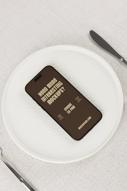 realistic phone mockup with grid screen on ceramic plate and clean background