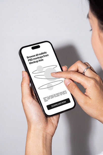 Realistic hand holding iPhone mockup with finger touching the screen
